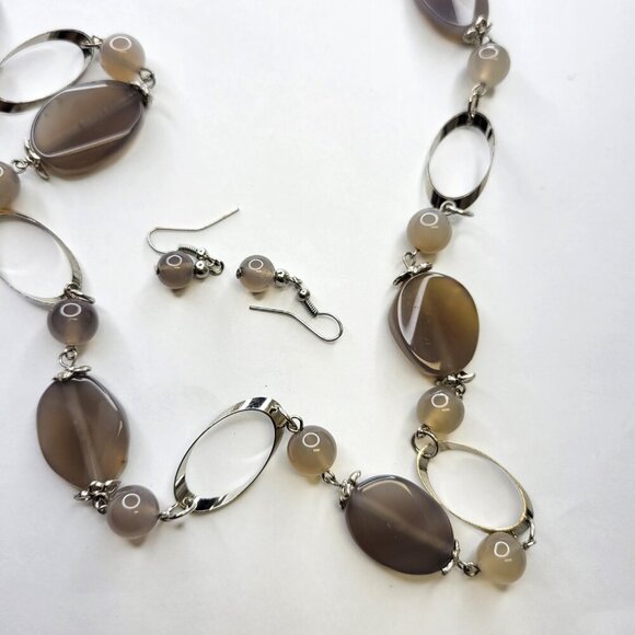 Smoky Taupe Grey Tan Bead Long Necklace Earring Set - Picture 3 of 5